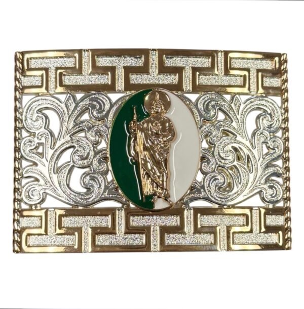 BB-4 Silver/Bronze Green/White San Judas Tadeo Belt Buckle