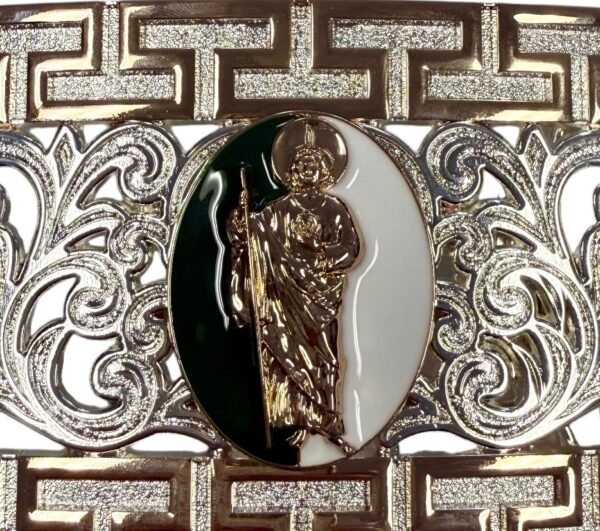 BB-4 Silver/Bronze Green/White San Judas Tadeo Belt Buckle