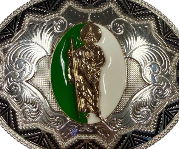 BB-65 Silver Green/White San Judas Belt Buckle