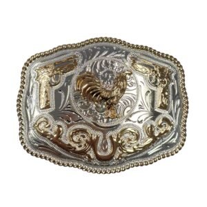 BB-46 Silver/Bronze Rooster Twin Guns Belt Buckle