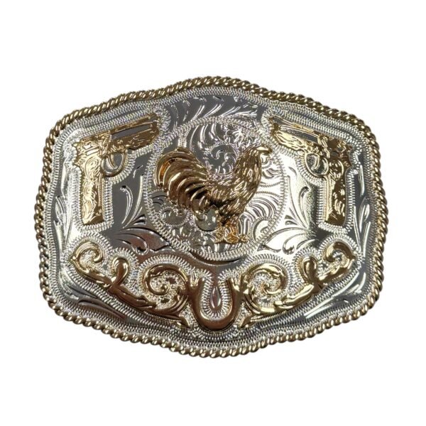 BB-46 Silver/Bronze Rooster Twin Guns Belt Buckle