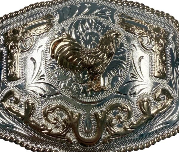 BB-46 Silver/Bronze Rooster Twin Guns Belt Buckle