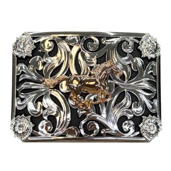 BB-39 Silver/Black Bronze Horse Flower Corner Belt Buckle
