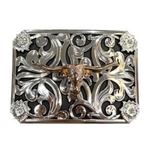 IMG-20260804-WA0021 BB-40 Silver/Black Bronze Longhorn Flower Corner Belt Buckle