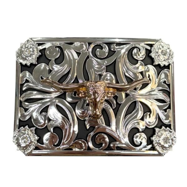 BB-40 Silver/Black Bronze Longhorn Flower Corner Belt Buckle