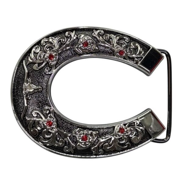 BB-82 Metal Longhorn/Horseshoe Ruby Belt Buckle